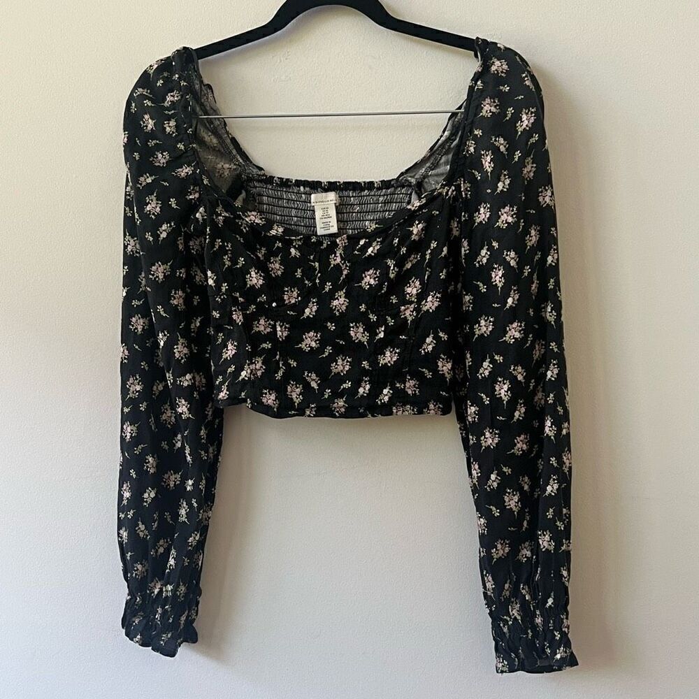 H&M Women's Black Linen Blend Floral Square Neck Puff Sleeve Crop Top Size XS